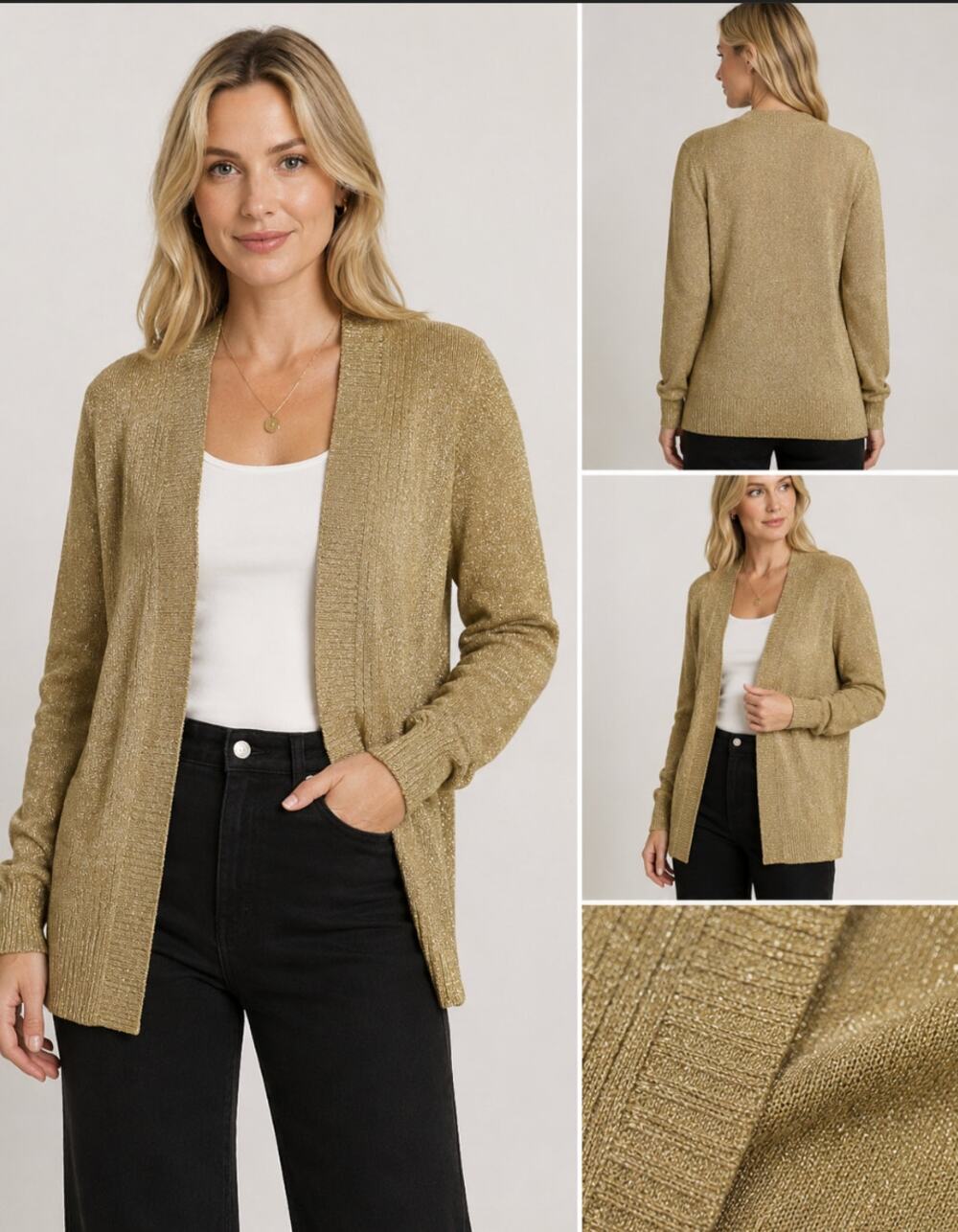 Vintage XXXist Gold Shimmer Knit Cardigan Women’s Large Lurex Open Front Shimmer